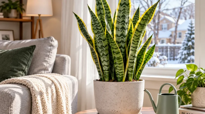 Snake plant in a ceramic pot beside a bright window