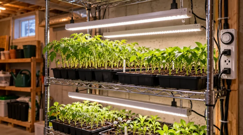 Best grow lights for seed starting hanging over seedling trays in a basement