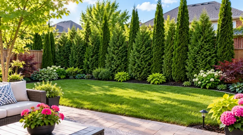 Fast-growing privacy trees screening a fence in a Canadian backyard