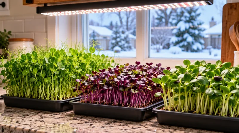 Growing microgreens indoors in trays of pea shoots and radish under an LED light