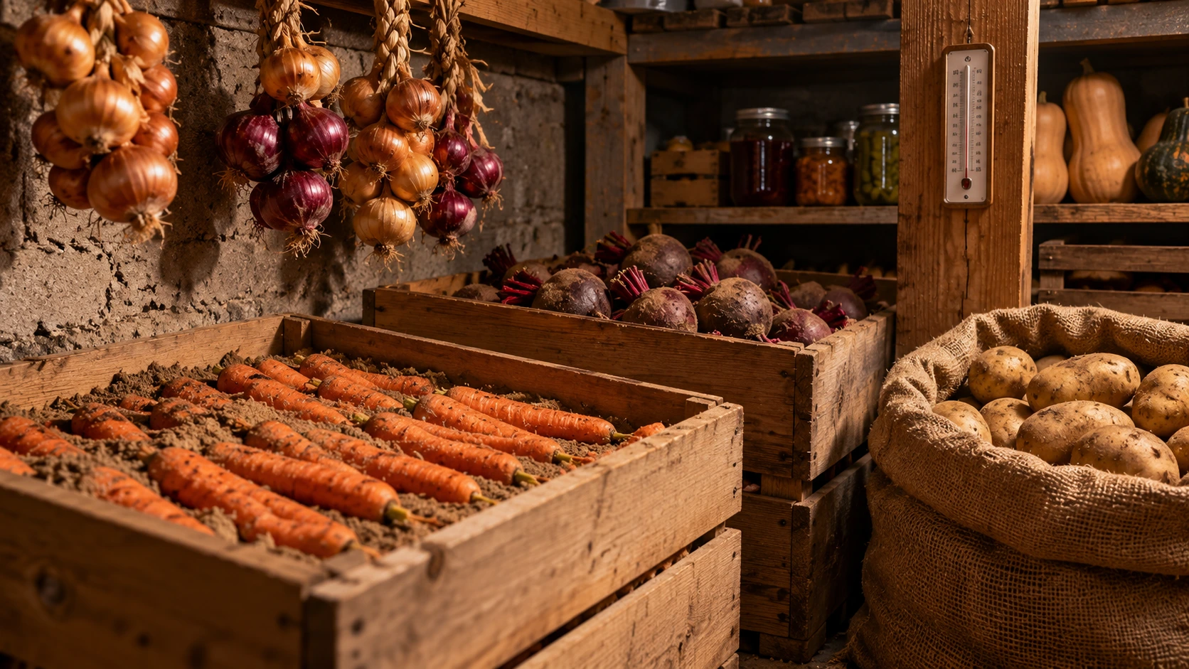 How to store root vegetables by layering carrots in damp sand