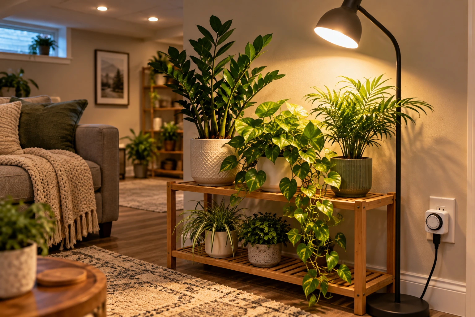 Low-light houseplants growing under an LED bulb in a basement