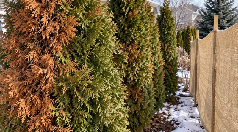 Cedar hedge with winter burn next to a burlap windscreen